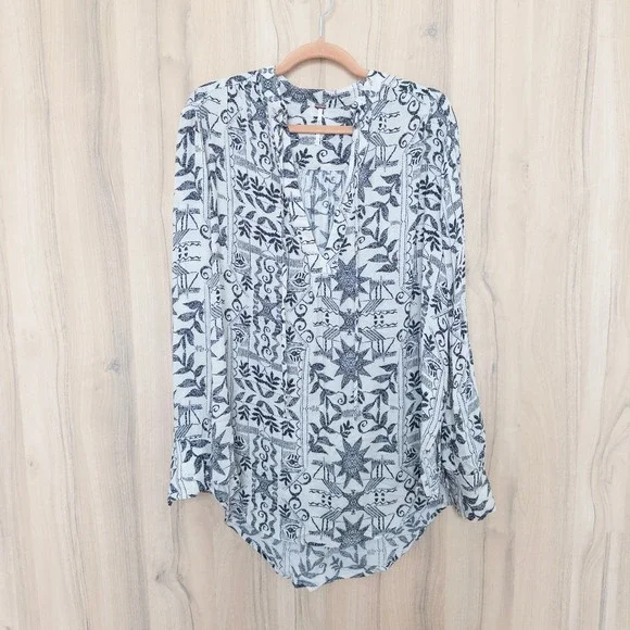 Free People Mia Tunic Top Small White Black Long Sleeve Aztec Boho Peasant Flowy - Picture 2 of 9